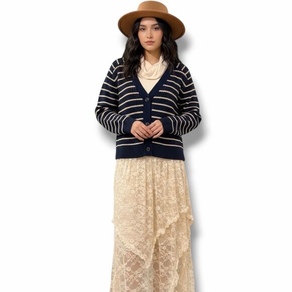 Sweaters - Navy Tan Striped Button Up Knitted Cardigan Sweater - Plus Size 1X NWT